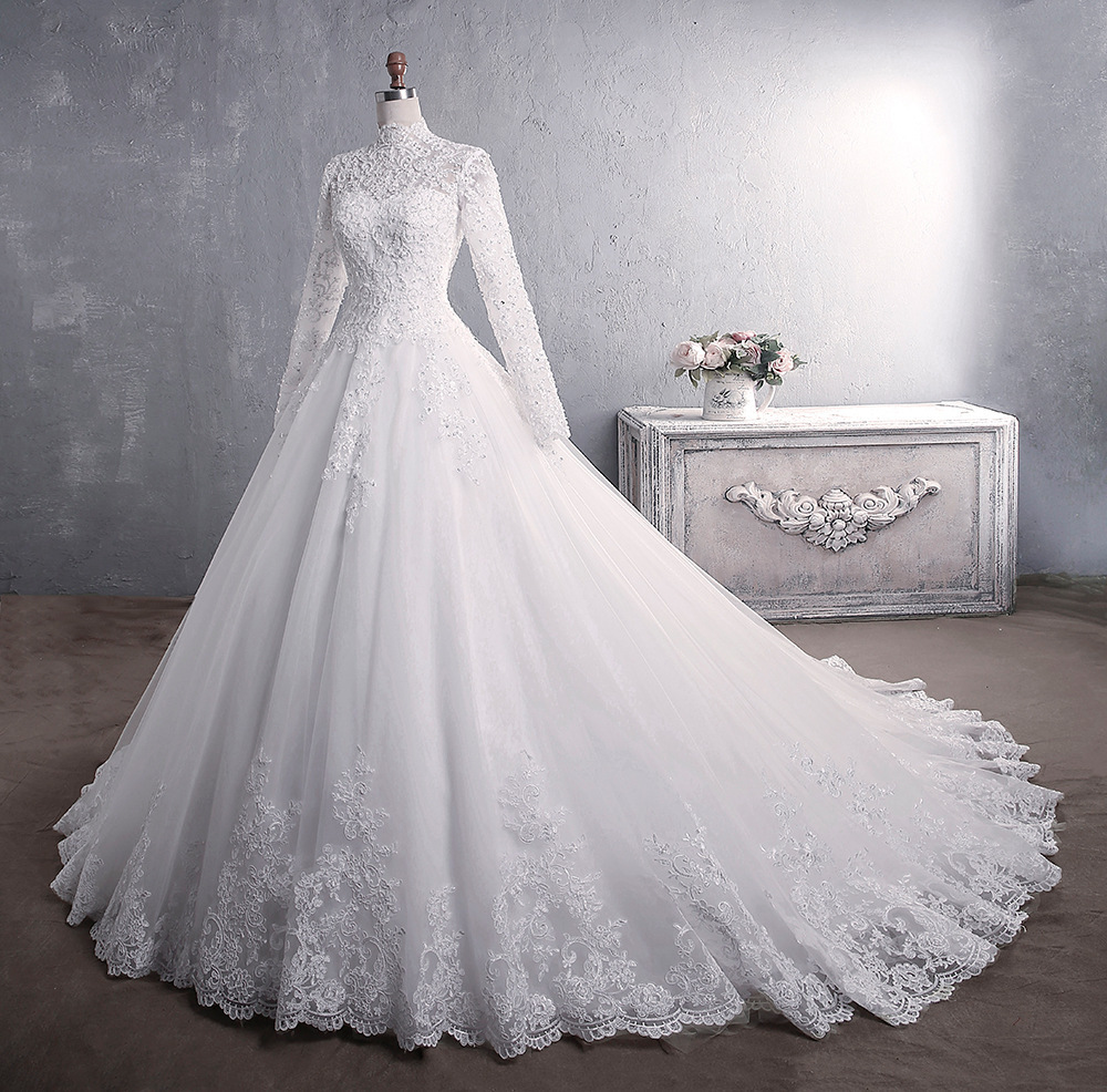 High Neck Lace Wedding Dresses Long Sleeve Ball Gown A Line Bridal Gowns